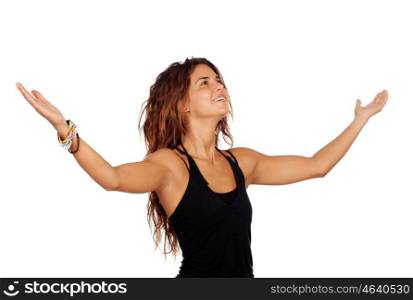 Successful casual girl thanking isolated over white