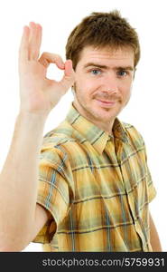 successful casual man showing three fingers isolated on white