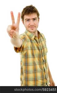 successful casual man showing two fingers isolated on white