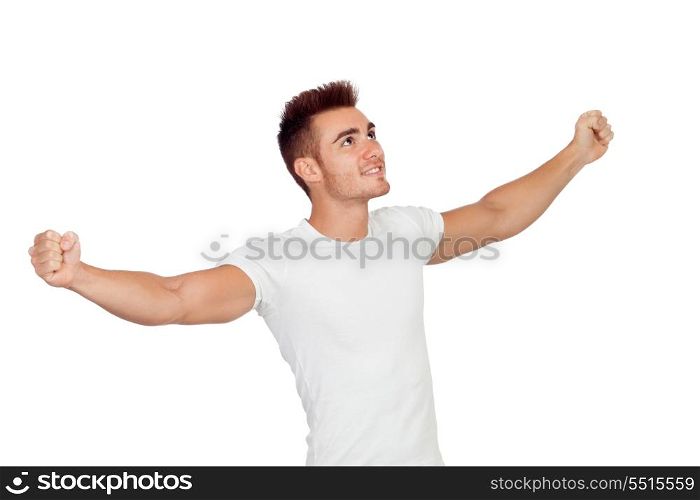 Successful casual young man with arms open - isolated over white