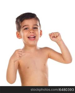 Successful child celebrating something. Successful child celebrating something isolated on a white background