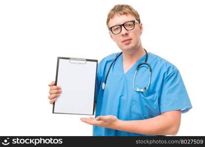 successful doctor demonstrates blank for of advertising