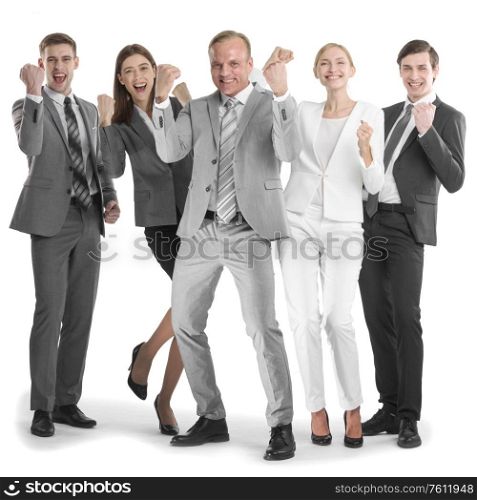 Successful excited business people group team standing together and holding fist ok yes gesture isolated over white background. Successful excited business people team