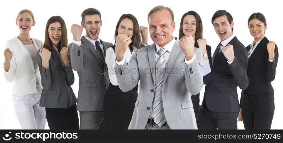 Successful excited business people. Successful excited business people group team standing together and holding fist ok yes gesture isolated over white background
