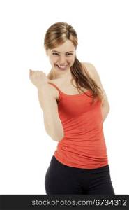 successful fitness woman showing her fist. successful blonde happy fitness woman showing her fist on white background