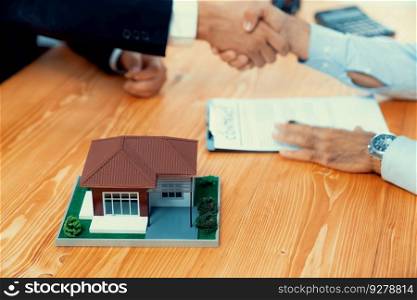 Successful house loan agreement sealed with a handshake. Buyers and agents celebrate the home ownership of property with a sense of accomplishment and satisfaction. Fervent. Successful house loan agreement sealed with a handshake. Fervent