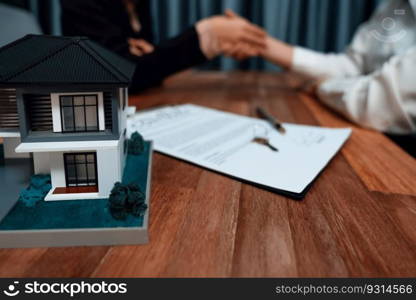 Successful house loan agreement sealed with a handshake. Buyers and agents celebrate the home ownership of property with a sense of accomplishment and satisfaction. Enthusiastic. Successful house loan agreement sealed with a handshake. Enthusiastic