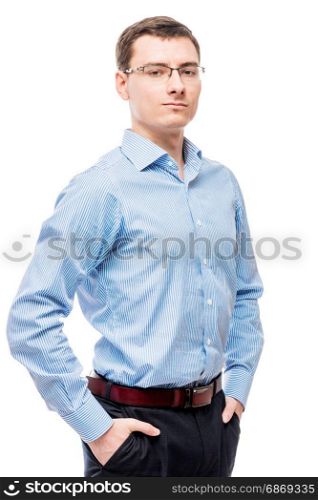 Successful male with glasses and blue shirt on white background