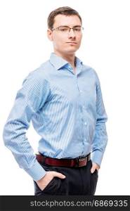 Successful male with glasses and blue shirt on white background