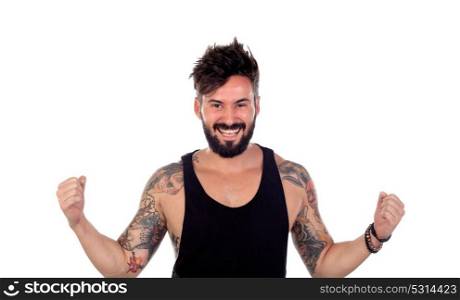 Successful man wearing black undershirt isolated on a white background