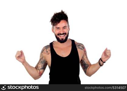Successful man wearing black undershirt isolated on a white background