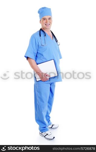successful mature male surgeon with a smile holding folder
