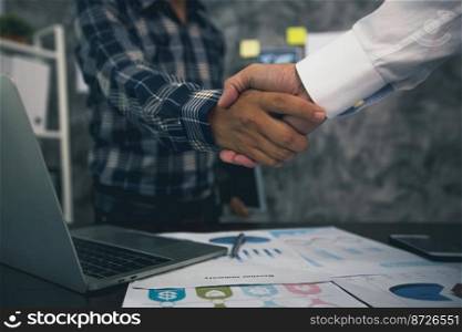 successful negotiate and handshake concept, two businessman shake hand with partner to celebration partnership and teamwork, business deal success   