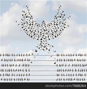Successful organization business concept as a group of birds on a wire with a team flying away and forming a flying bird shape with open wings as a metaphor for courage to create new opportunities.