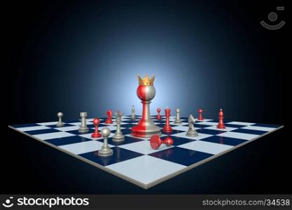 Successful political career (chess metaphor). Available in high-resolution and several sizes to fit the needs of your project. Black background layout with free text space. 3D illustration rendering.