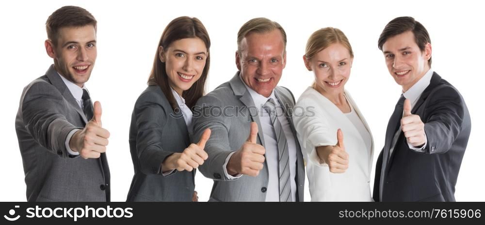 Successful smiling business team with thumbs up isolated over a white background. Business team with thumbs up