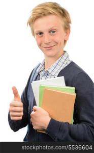 Successful teenage student thumb up holding books against white background