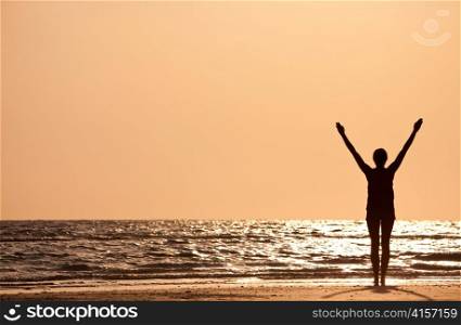 Successful Woman Arms Raised At Sunset on Beach