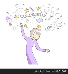 Successful Woman Dancing. Happy woman in purple dress dancing. Woman dancing icon. Successful woman having fun and dancing. Woman rejoices, celebrates his victory, success. Line art. Isolated object on white background.
