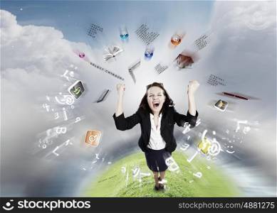 Successful woman. Top view of young pretty businesswoman screaming joyfully