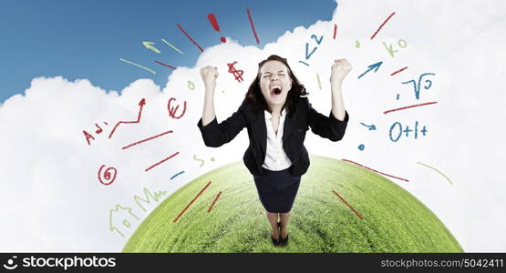 Successful woman. Top view of young pretty businesswoman screaming joyfully