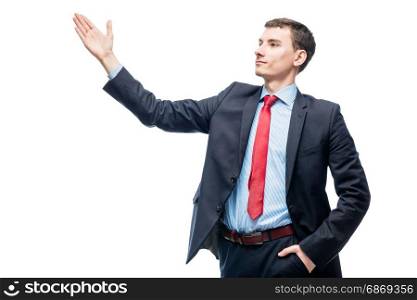 Successful young boss gestures with hands on a white background
