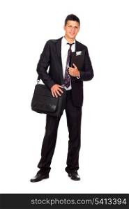 Successful young business man carrying a suitcase on white background