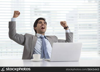 Successful young businessman enjoying success at his desk