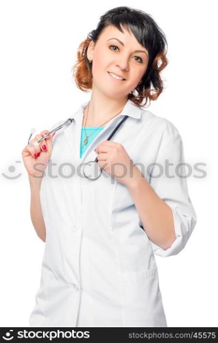 successful young doctor on a white background isolated