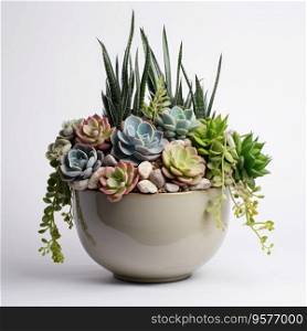 Succulents in pots on the white shelf. Scandinavian hipster home decoration. AI Generative.