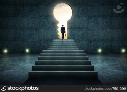 Sucess businessman climbing on stair against conrete wall with key hole door ,sunrise scene city skyline outdoor view .