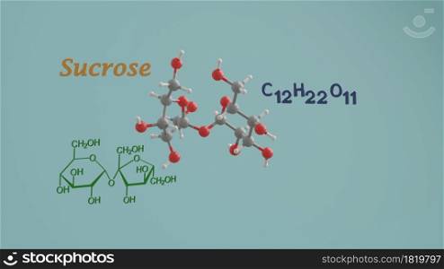 Sucrose non reducing invert sugar disaccharide science chemical structure and model 3D rendering illustration