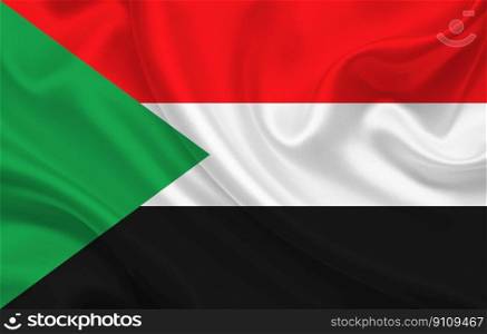Sudan country flag on wavy silk fabric background panorama - illustration. Sudan country flag on wavy silk fabric background panorama