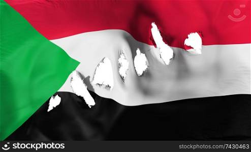 Sudan flag perforated, bullet holes, white background, 3d rendering. Sudan flag perforated, bullet holes