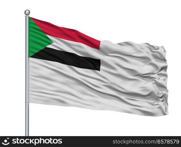 Sudan Naval Ensign Flag On Flagpole, Isolated On White Background. Sudan Naval Ensign Flag On Flagpole, Isolated On White