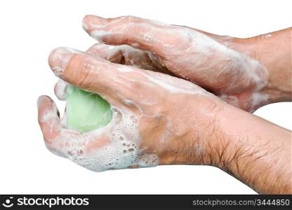 sudsy hands with soap isolated on a white background