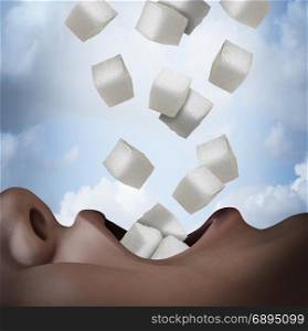 Sugar eating concept as an unhealthy food ingredient as a person consuming refined white granulated cube snack as a health risk symbol in a 3D illustration style.