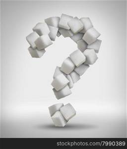 Sugar questions concept sweet food ingredient with a close up of a pile of delicious white lumps of cubes shaped as a question mark as a confusion symbol of diet health risks related to diabetes and calorie intake.