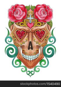 Sugar skull day of the dead. Hand watercolor painting on paper.