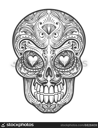 Sugar skull tattoo illustration. Sugar skull tattoo vector illustration. Mexican calavera painting art with hearts isolated on white background