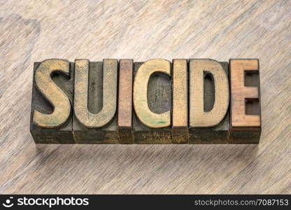 suicide word abstract in vintage letterpress wood type printing blocks