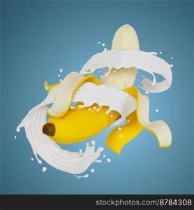 Suitable for use on food products, beverages, banana milk or yogurt.. peeled bananas splashes milk isolated on background. 3D render illustration