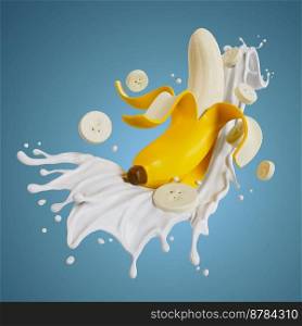 Suitable for use on food products, beverages, banana milk or yogurt.. peeled bananas splashes milk isolated on background. 3D render illustration