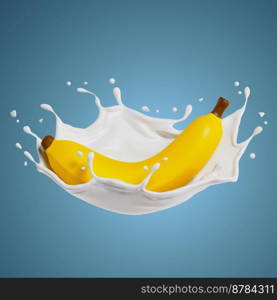 Suitable for use on food products, beverages, banana milk or yogurt.. banana isolated on blue background. 3D render illustration