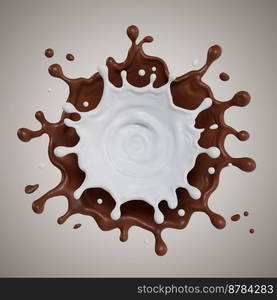 Suitable for use on food products, beverages milk or whey protein. milk and chocolate splashes isolated. 3D render illustration