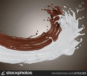 Suitable for use on food products, beverages milk or whey protein. milk and chocolate isolated splashes wave. 3D render illustration