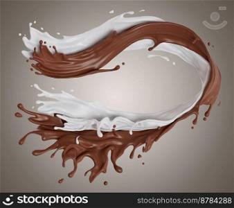 Suitable for use on food products, beverages milk or whey protein. milk and chocolate isolated splashes wave. 3D render illustration