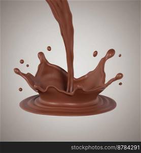 Suitable for use on food products, beverages milk or whey protein. chocolate pouring down and making splashes. 3D render illustration