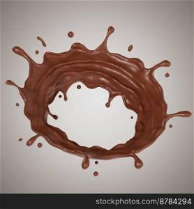 Suitable for use on food products, beverages milk or whey protein. Chocolate isolated splashes waves circle. 3D render illustration