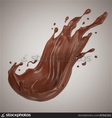 Suitable for use on food products, beverages milk or whey protein. Chocolate isolated splashes. 3D render illustration